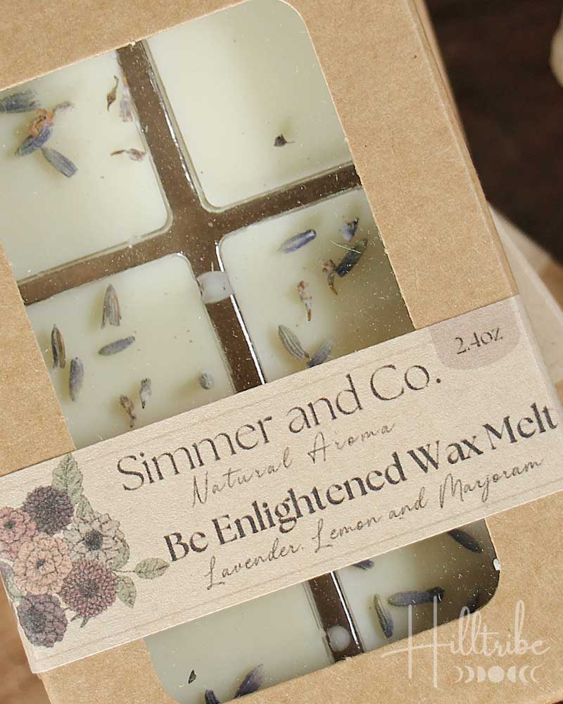 Box of 'Be Enlightened' wax melts by Simmer and Co. with lavender and lemon scents.