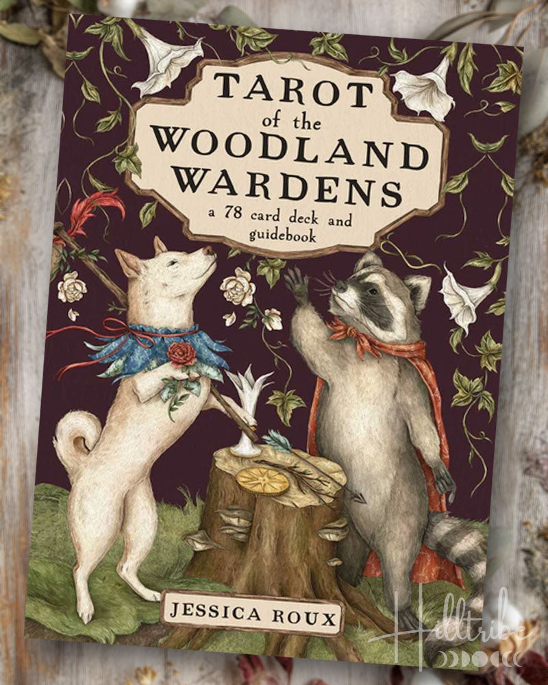 Deck cover of 'Tarot of the Woodland Wardens' with illustrations of a dog and raccoon around a stump.