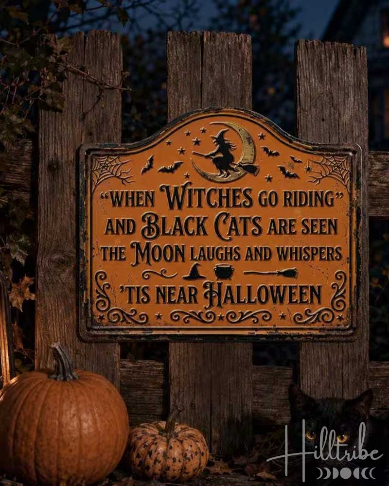 A Halloween decorative sign with a rustic orange-brown background and black lettering that reads, "When Witches Go Riding and Black Cats Are Seen The Moon Laughs and Whispers 'Tis Near Halloween." The sign is mounted on a weathered wooden fence at night, with a lit lantern, pumpkins, and a black cat nearby.