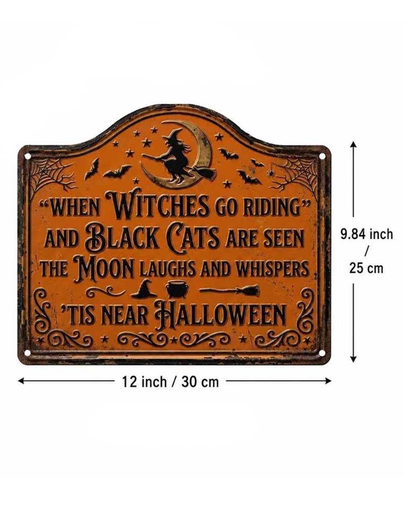 A Halloween decorative sign with a size chart overlay showing dimensions: 12 inch by 9.84 inch (30 cm by 25 cm).