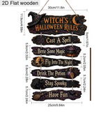 A set of six rustic wooden Halloween signs with witch-themed carvings and text, shown with dimension labels indicating measurements in centimeters and inches.