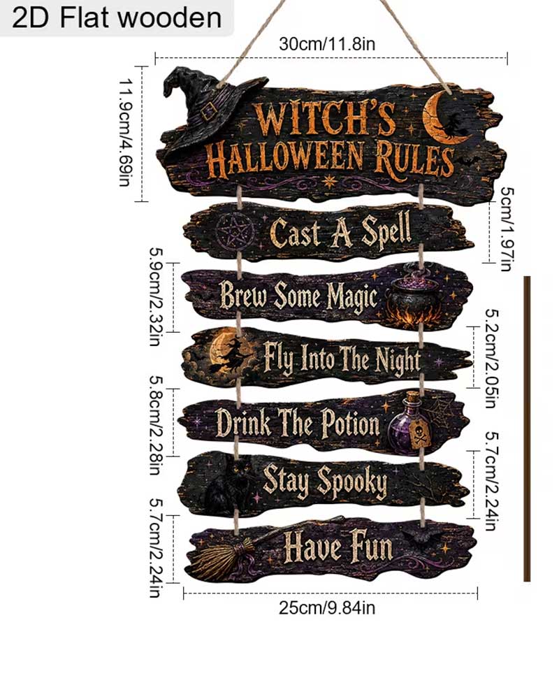 A set of six rustic wooden Halloween signs with witch-themed carvings and text, shown with dimension labels indicating measurements in centimeters and inches.
