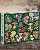Jigsaw puzzle box with colorful illustrations of mushrooms and plants on a dark green background