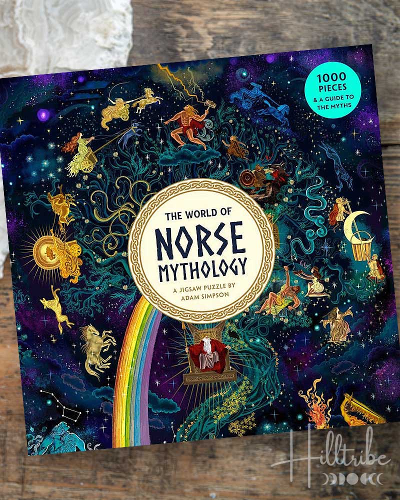 Jigsaw puzzle box cover featuring Norse mythology with colorful illustrations and a rainbow.