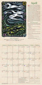April 2027 art calendar page featuring a detailed Arts Nouveau style illustration of a flying bird with a wave pattern, alongside a monthly calendar grid and text columns on a beige background.
