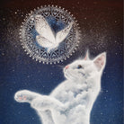 A surreal artwork showing a white cat reaching upward against a dark blue starry sky, with a glowing white mandala and butterfly motif above it.