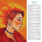 A March Pisces astrology card featuring a stylized illustration of a woman with fiery orange hair on the left and columns of astrological text on the right.