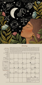 An illustrated monthly calendar page for January, featuring a dark celestial and botanical design with a woman's profile, moon, stars, zodiac symbols, flowers, and leaves above a beige calendar grid with text.
