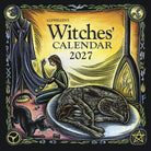 Llewellyn's Witches' Calendar 2027 cover featuring a witch sitting by a fire with a cat on a plate, illustrated in a vintage fantasy style with a black border and decorative symbols.