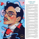 An illustrated February Aquarius astrology card featuring a stylized portrait of a man with glasses, a white flower in his hair, and a red bow tie, alongside a column of astrological text on a light blue background.