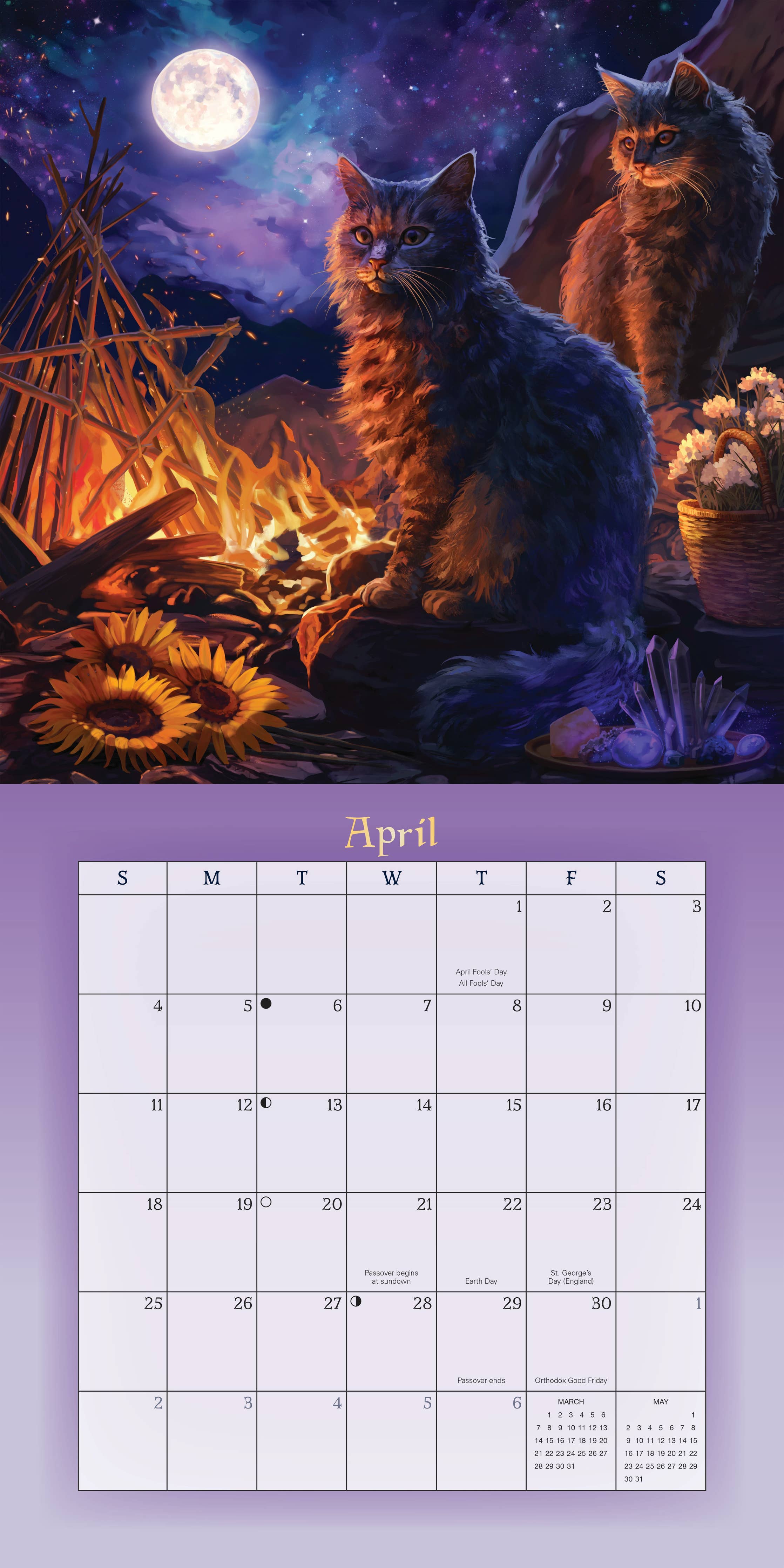 A vertical monthly calendar page for April, featuring a fantasy-style illustration of two cats around a campfire under a full moon on a purple background. The top section shows the illustrated scene, and the bottom section shows a grid layout for days of the week with blank spaces for writing and a small monthly calendar inset at the bottom right.