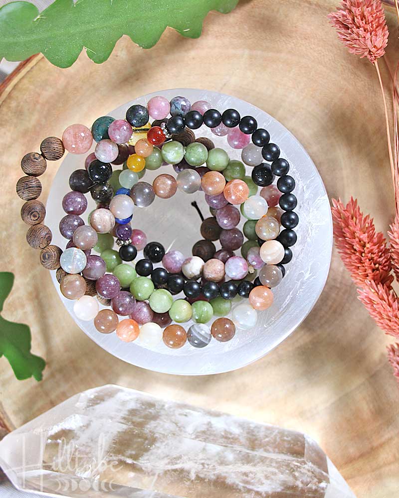 Healing Crystal & Gemstone Bracelets in Selenite Bowl