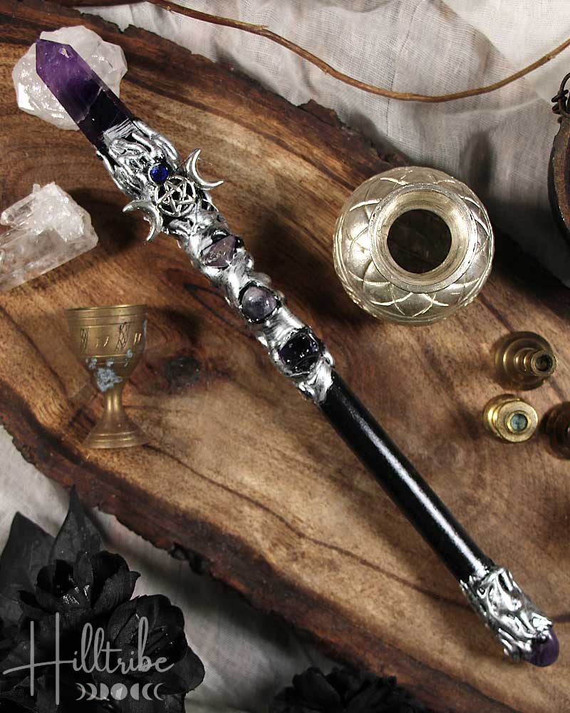 Amethyst Point + Silver Triple Moon Magick Wand from Hilltribe Ontario