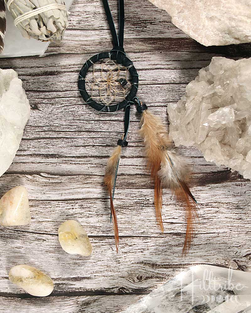 Black Leather Cascade Dream Catcher 1.5" from Hilltribe Ontario
