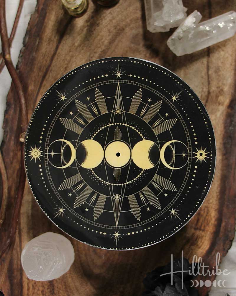 Black Lunar Phases Round Incense Holder from Hilltribe Ontario