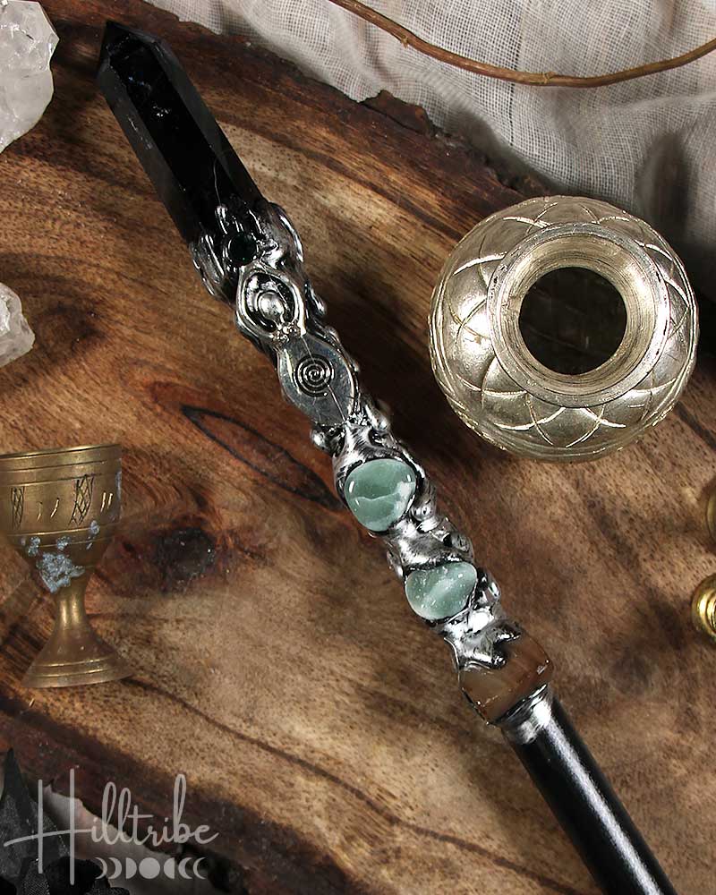 Black Obsidian Point + Silver Spiral Goddess Magick Wand from Hilltribe Ontario