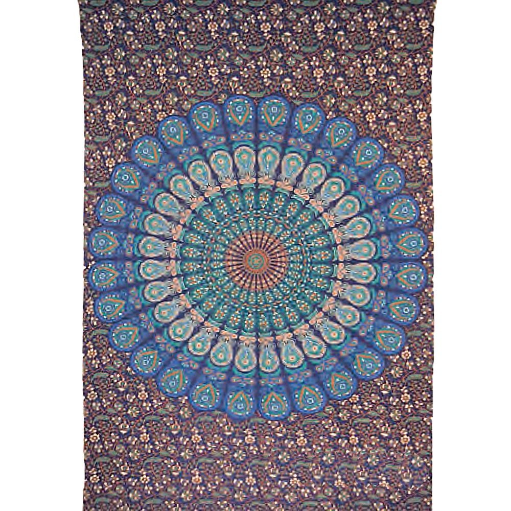 Blue Peacock Mandala Cotton Tapestry from Hilltribe Ontario