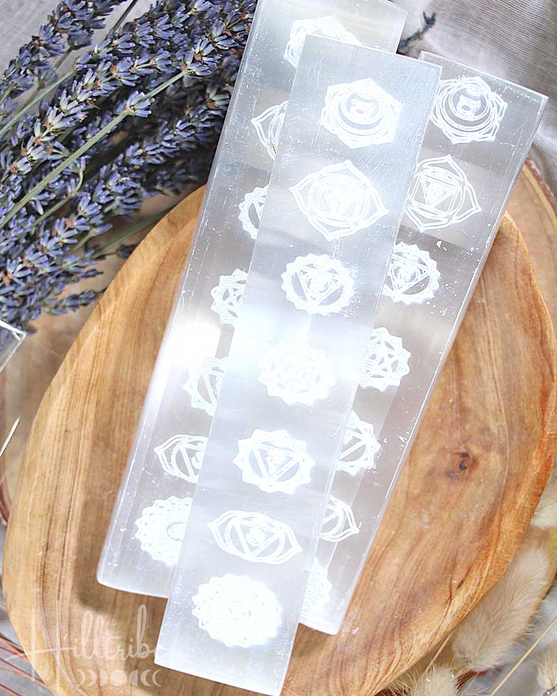 Chakra Engraved Selenite Charging Plate from Hilltribe Ontario