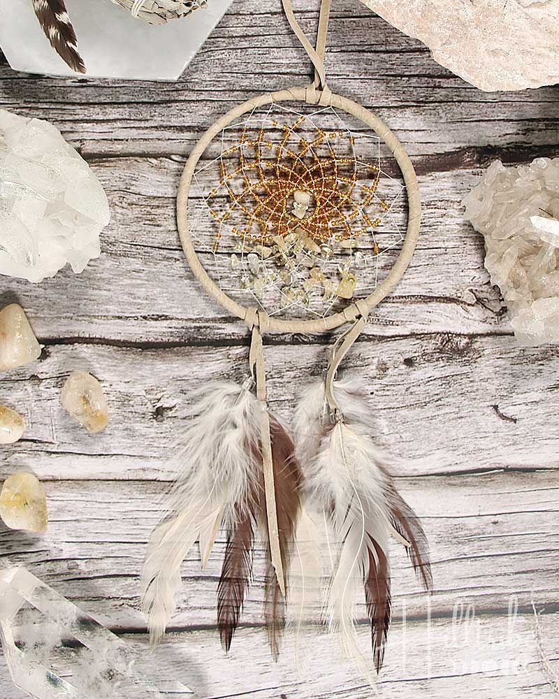 Citrine Gemstone Energy Flow Tan Leather Dreamcatcher 4" from Hilltribe Ontario