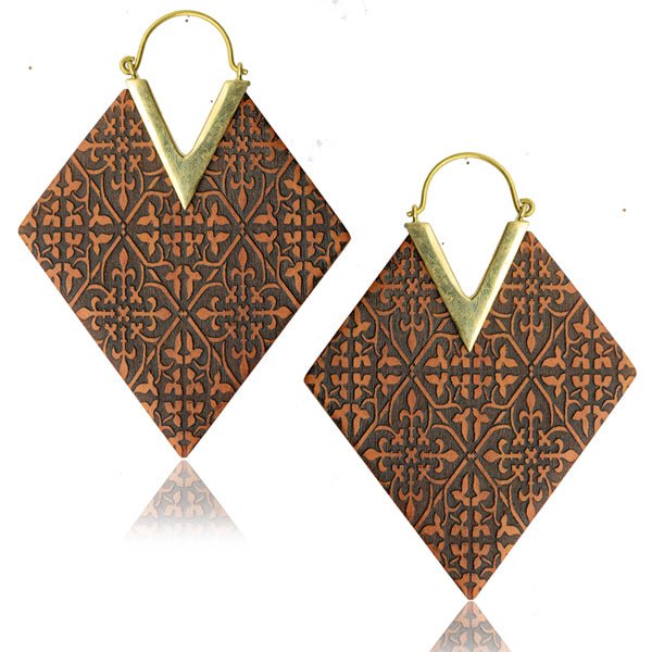 Criss-Cross Tile Sawo Wood & Brass Earrings from Hilltribe Ontario