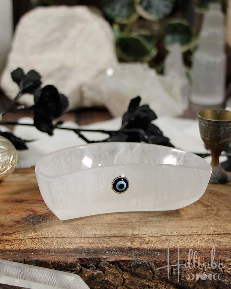 Evil Eye + Selenite Crescent Moon Charging Bowl from Hilltribe Ontario