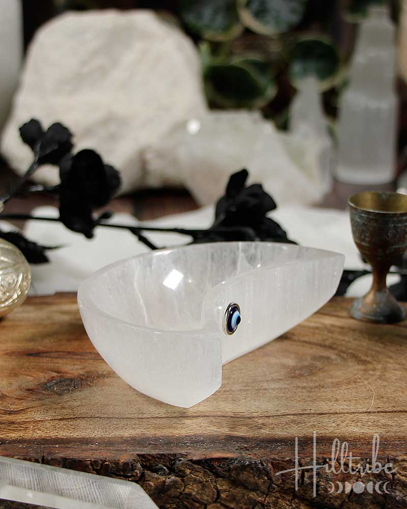 Evil Eye + Selenite Crescent Moon Charging Bowl from Hilltribe Ontario