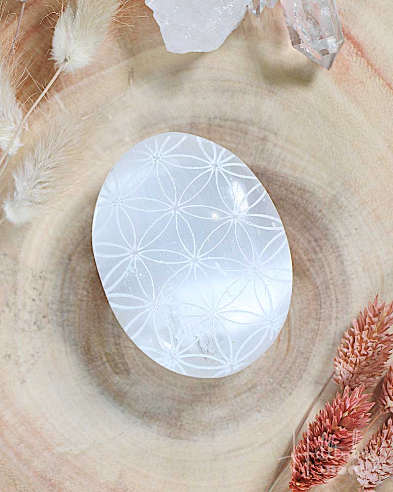 Flower of Life Selenite Palm Stone from Hilltribe Ontario