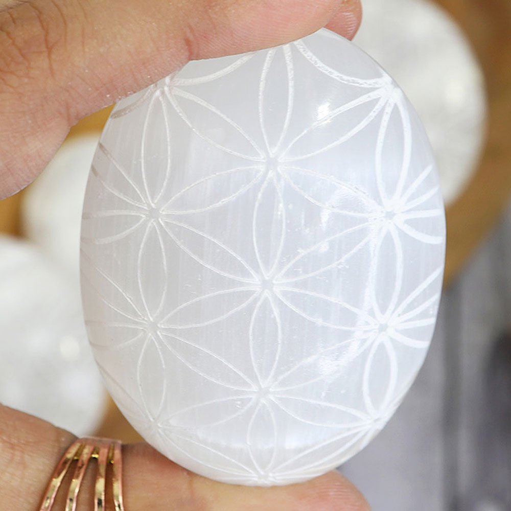 Flower of Life Selenite Palm Stone from Hilltribe Ontario