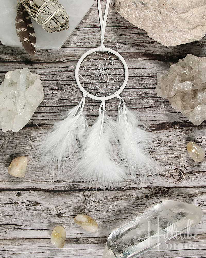 Fluffy Feathers White Dream Catcher 2.5" from Hilltribe Ontario