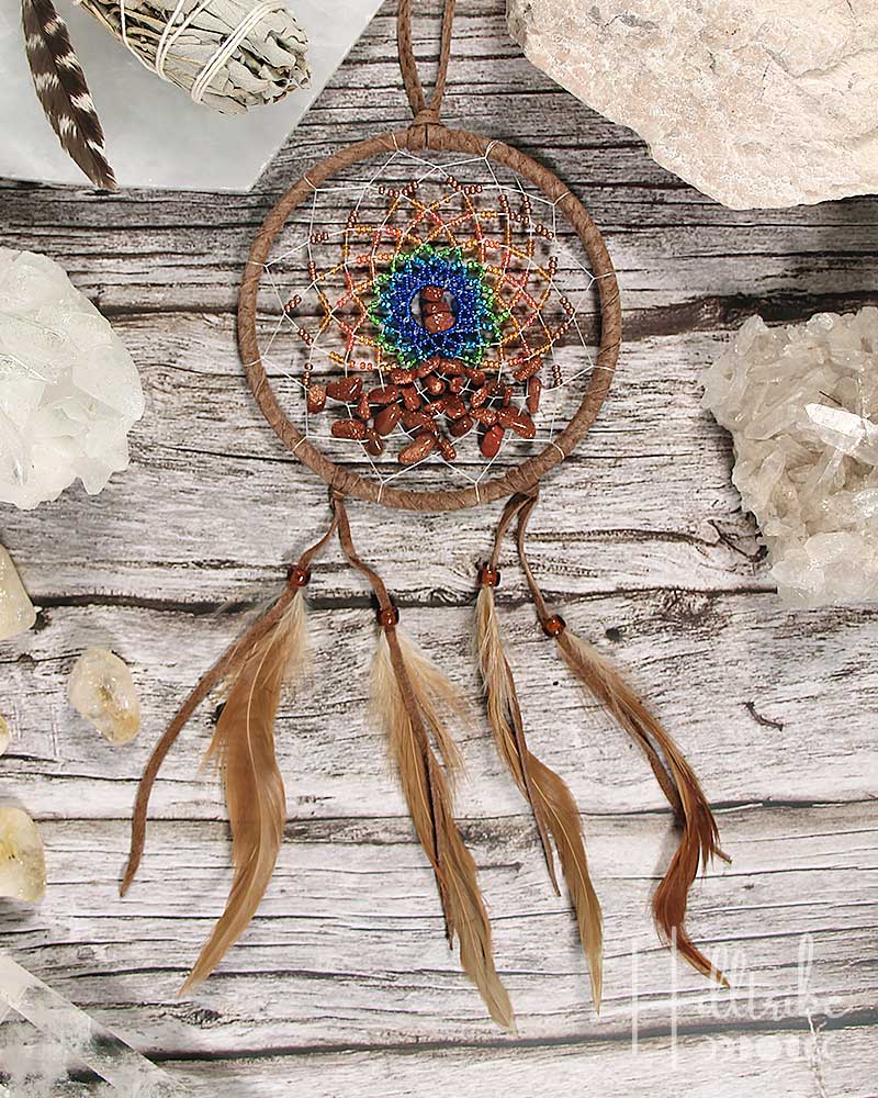 Goldstone Gemstone Brown Leather Energy Flow Dreamcatcher 4" from Hilltribe Ontario