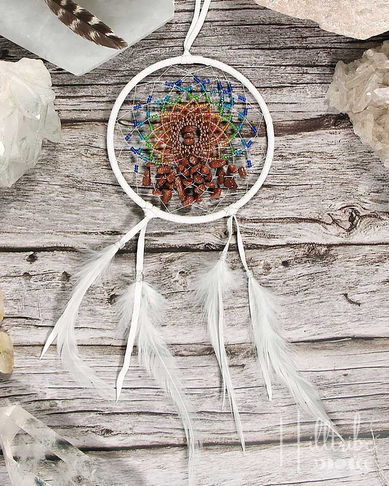 Goldstone Gemstone + White Leather Energy Flow Dreamcatcher 4" from Hilltribe Ontario