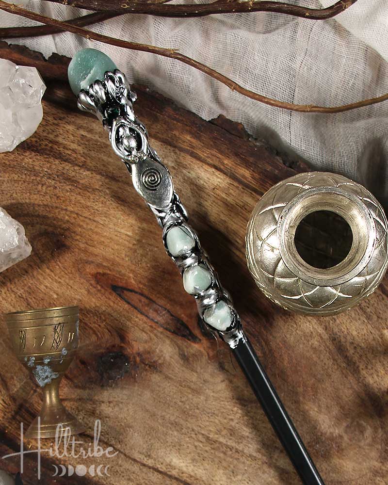 Green Aventurine + Silver Spiral Goddess Magick Wand from Hilltribe Ontario