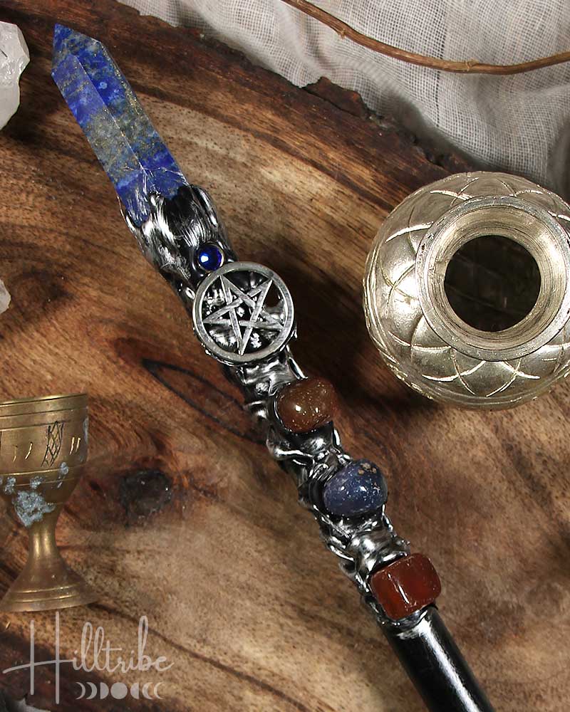 Lapis Lazuli Point + Silver Pentacle Magick Wand from Hilltribe Ontario