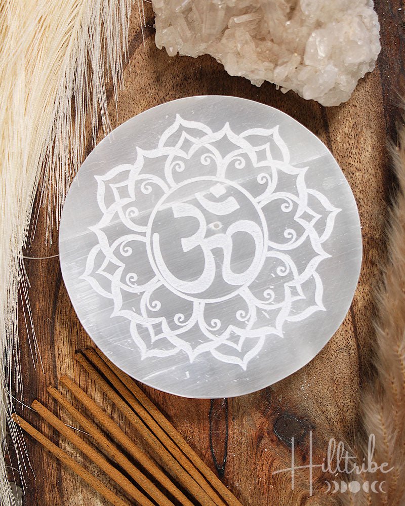 OM Etched Selenite Incense Holder from Hilltribe Ontario