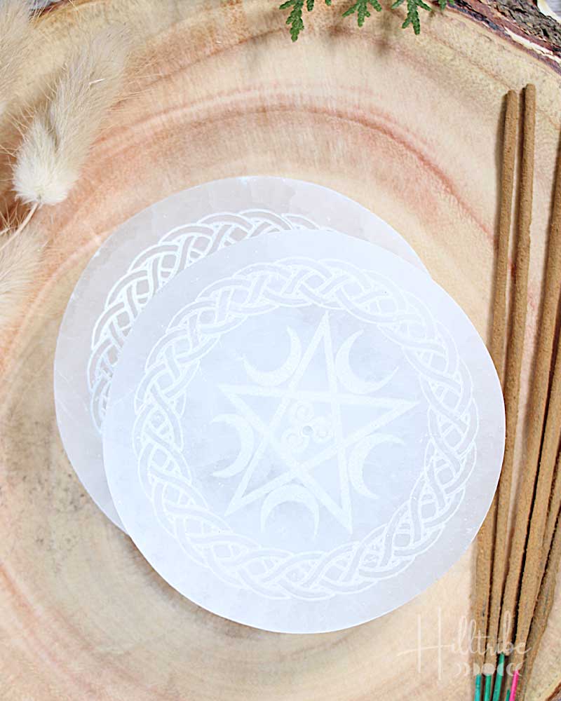 Pentacle Etched Selenite Incense Holder from Hilltribe Ontario
