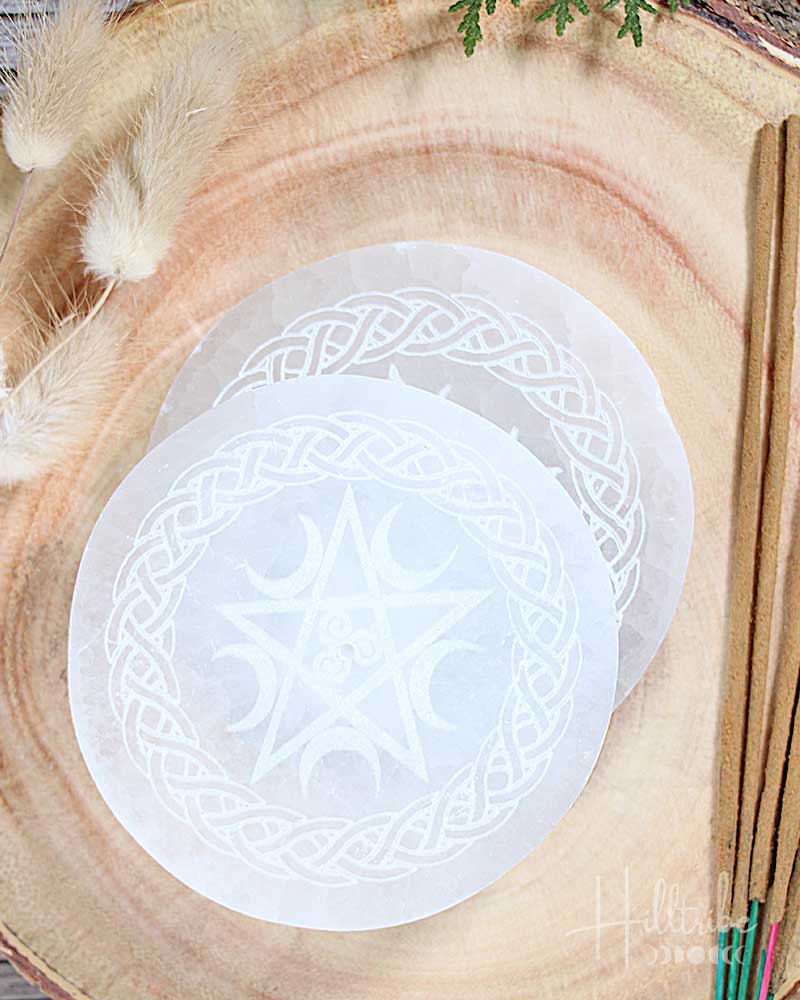 Pentacle Etched Selenite Incense Holder from Hilltribe Ontario