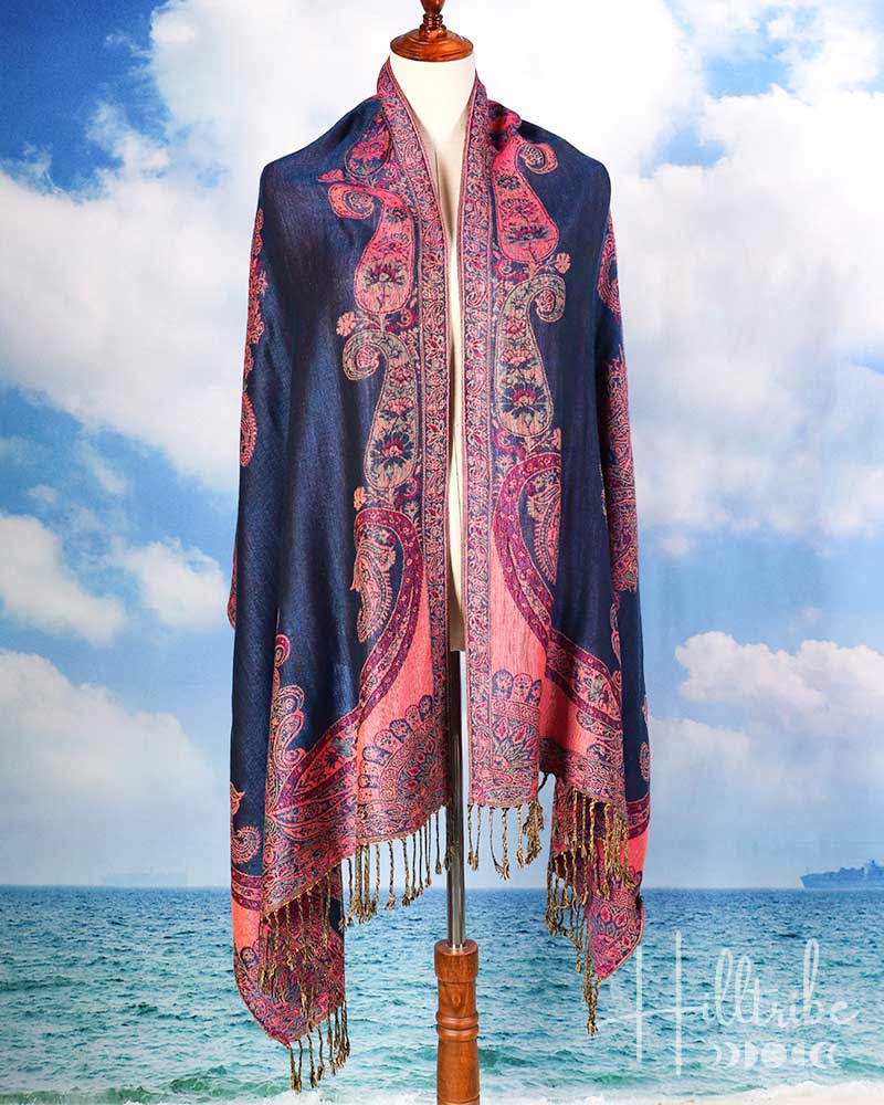 Royal Blue & Pink Paisley Print Pashmina from Hilltribe Ontario