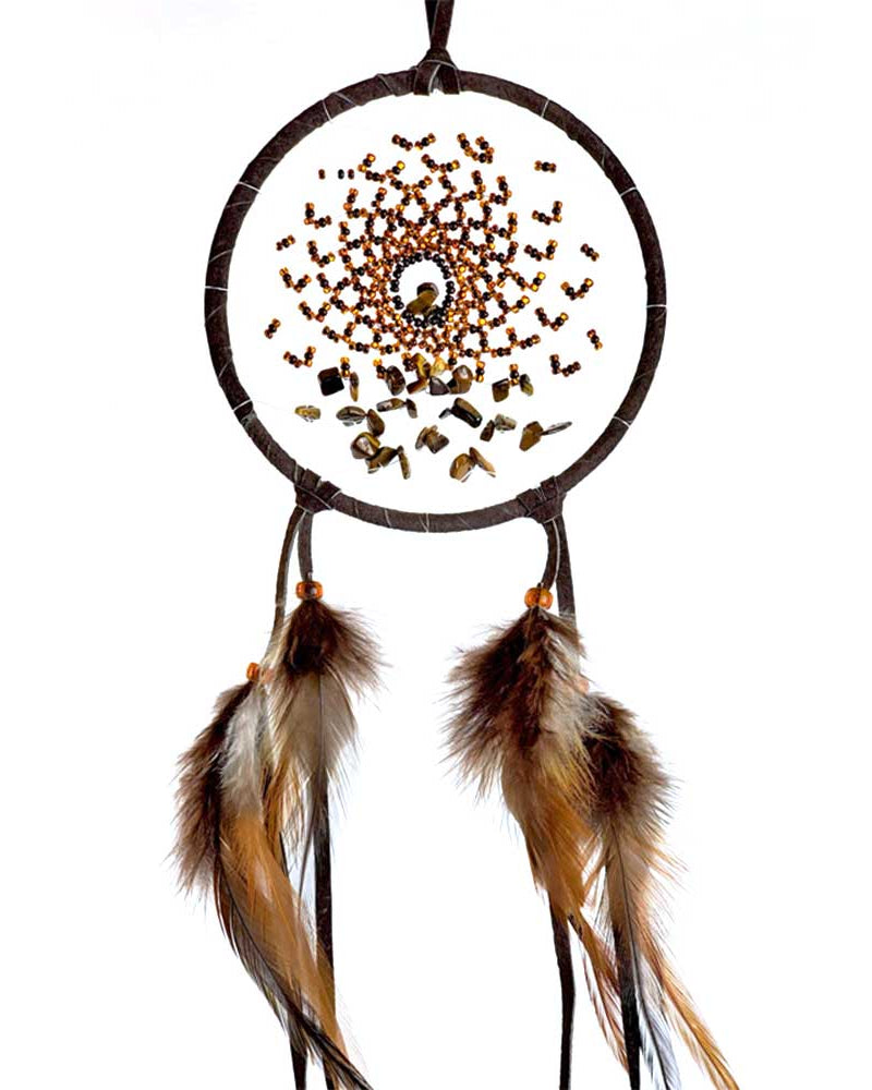 Tiger Eye Gemstone Energy Flow Brown Leather Dreamcatcher 4" from Hilltribe Ontario