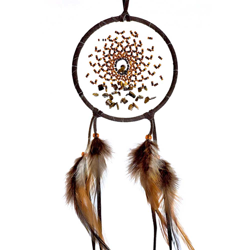 Tiger Eye Gemstone Energy Flow Brown Leather Dreamcatcher 4" from Hilltribe Ontario