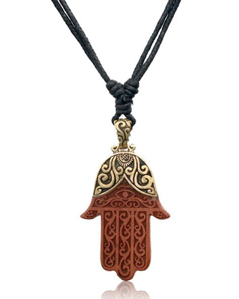 Wood & Brass Hamsa Hand Necklace from Hilltribe Ontario